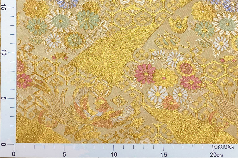 金襴生地販売 花亀甲鳳凰文 (桑染)柄の和柄生地通販なら都香庵