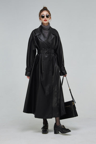 黒幕の登場》ダブルブレストフェイクレザーコート-Black – Tnewties