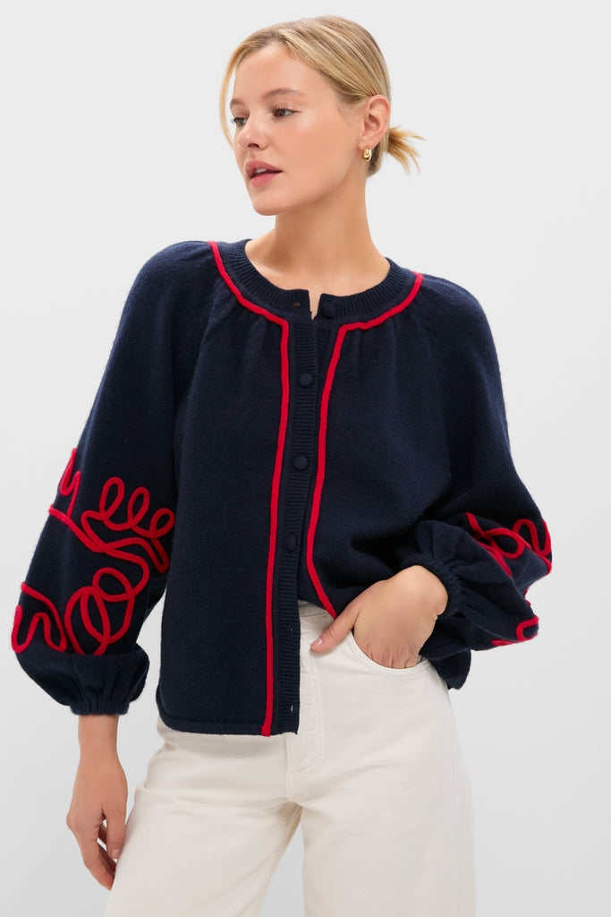 Navy & Red Soutache Stella Cardigan | Hyacinth House