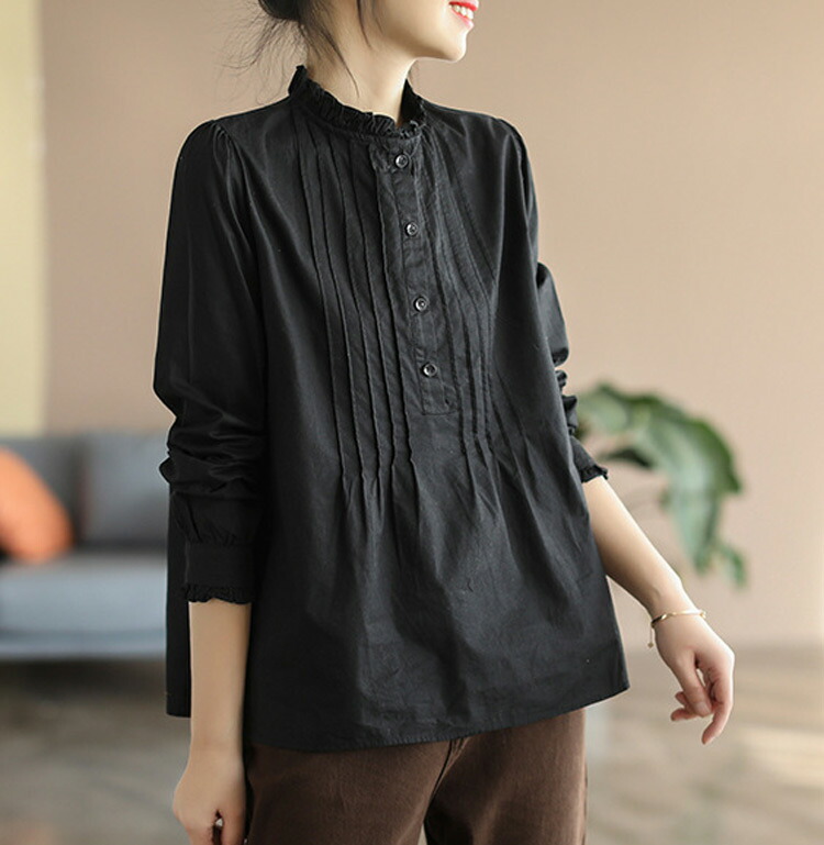 楽天市場】ブラウス レディース フリル タック 長袖ブラウス スタンド