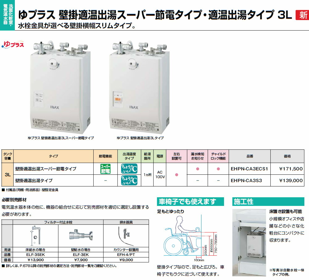 楽天市場】INAX・LIXIL 電気温水器【EHPN-CA3ECS1】 3L ゆプラス 壁掛