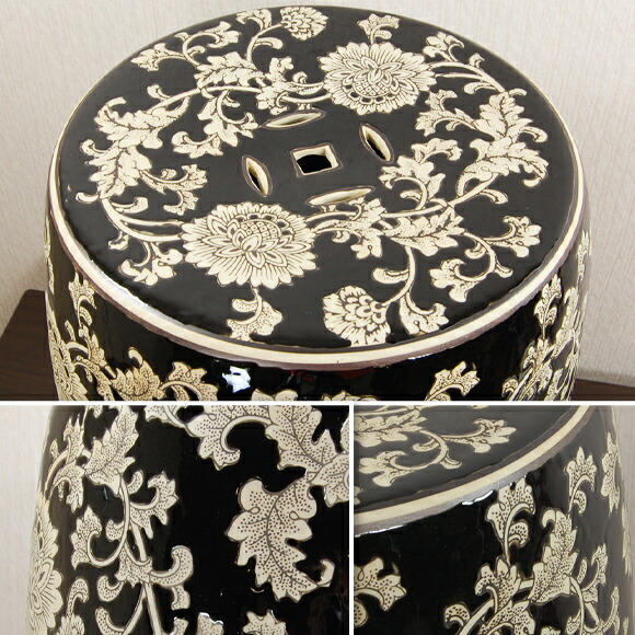 楽天市場】Black Ceramic Stool 黒陶器草花スツール 花台 椅子 置物