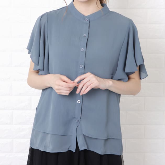 楽天市場】フレア袖 バンドカラー ブラウス シャツ トップス