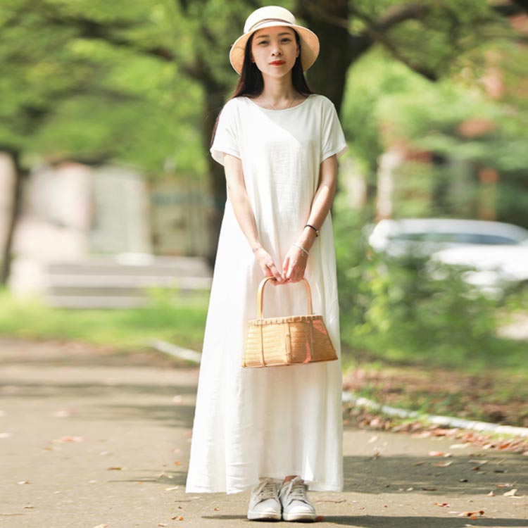 楽天市場】半袖＆九分袖選べる！リネンマキシワンピース 綿麻