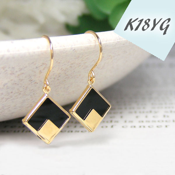 楽天市場】オニキス フック ピアス スクエア K18YG 18金 18k イエロー