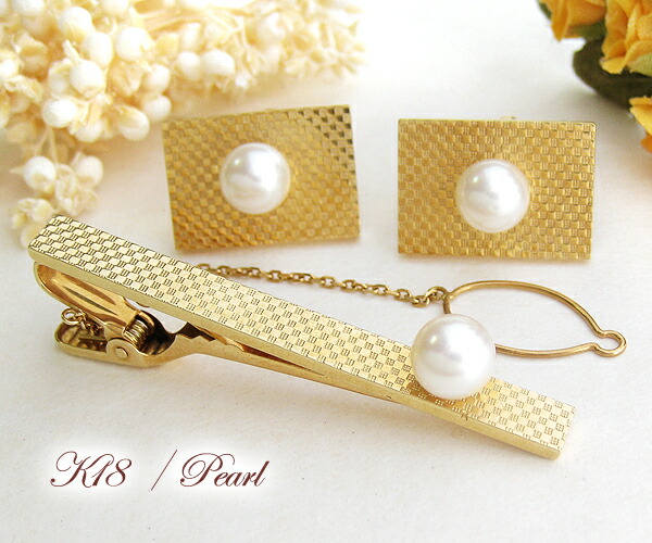 楽天市場】【半額】 ネクタイピン＆カフス K18(18金)YG ゴールド 真珠