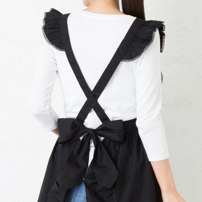 楽天市場】エプロン 黒 日本製 フリル ロング 肩 フリル レース レトロ