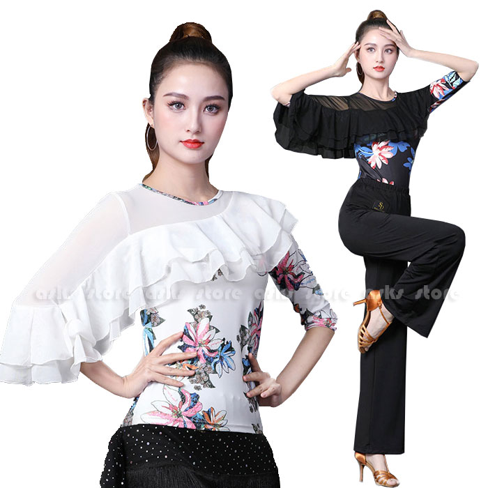 楽天市場】ダンス トップス 社交ダンス衣装 五分袖 シースルー 花柄