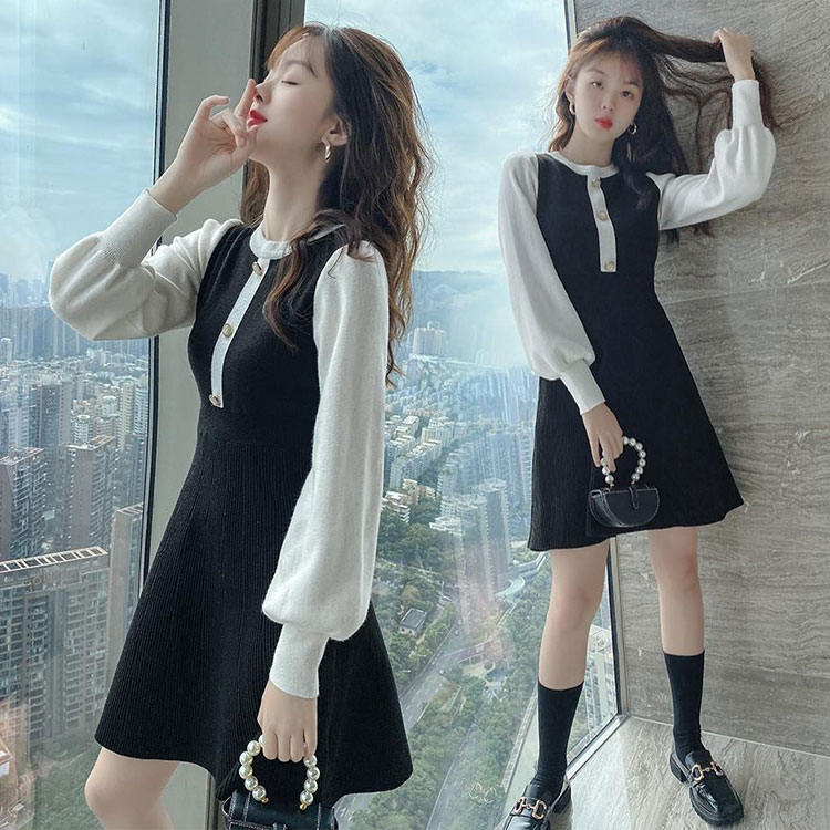 楽天市場】ニットワンピース 黒 パフスリーブ Aラインワンピース 膝丈