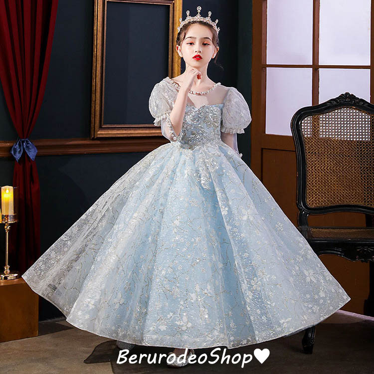 ゆめ ドレスコ ピーコックブルービジューストーンロングドレス 130