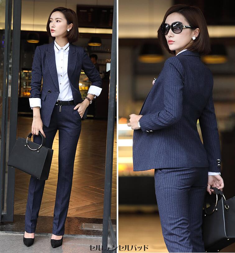 楽天市場】春秋上質スーツセット/ストライプパンツスーツ/OL通勤定番