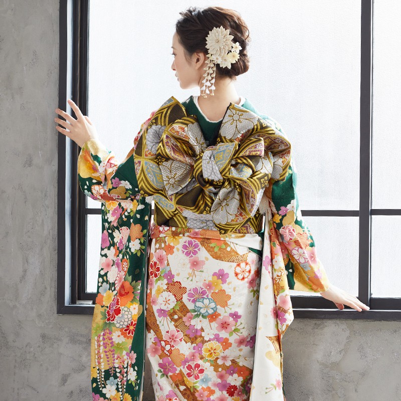 楽天市場】【成人式 振袖 レンタル】RS1533 正絹 深緑 豪華古典熨斗桜