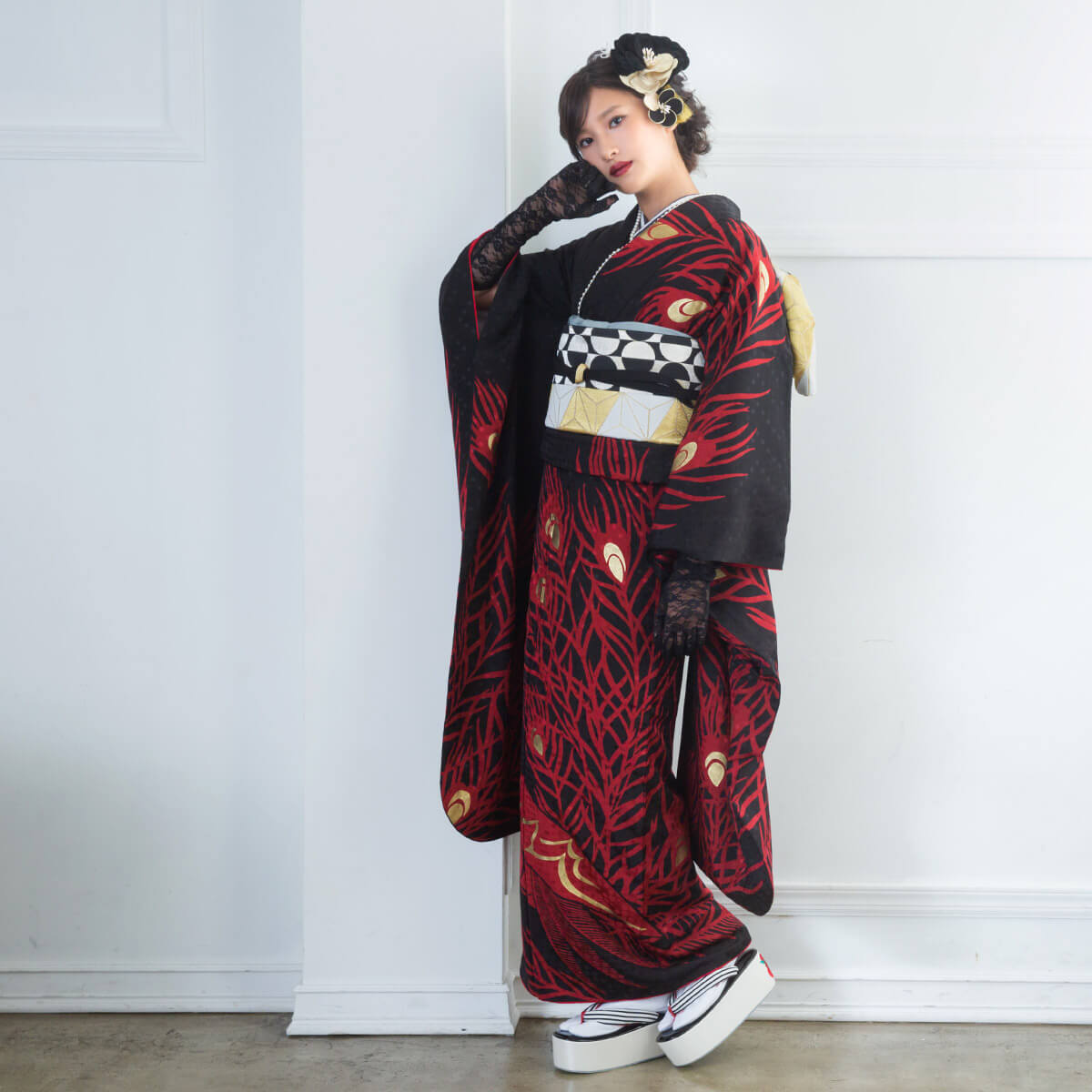 楽天市場】【成人式 振袖 レンタル】RS1668 正絹 黒 孔雀 モダン