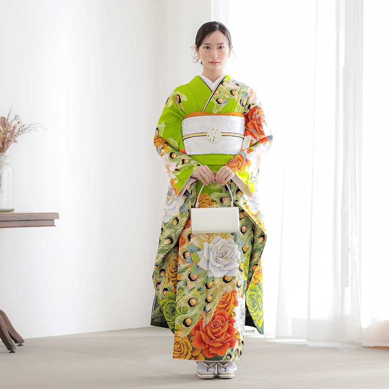 楽天市場】【成人式 振袖 レンタル】RS1723 正絹 黄緑 バラと孔雀羽根