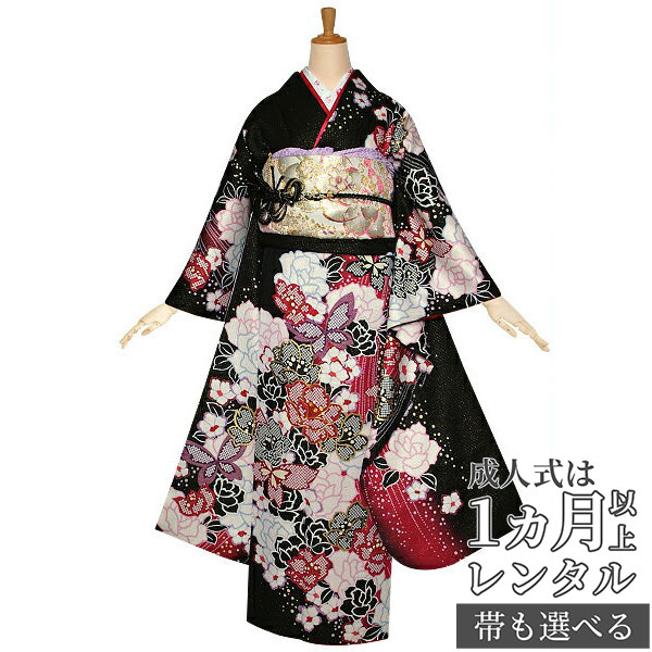 楽天市場】【成人式 振袖 レンタル】RS1144 正絹 黒 桜に蝶フルセット