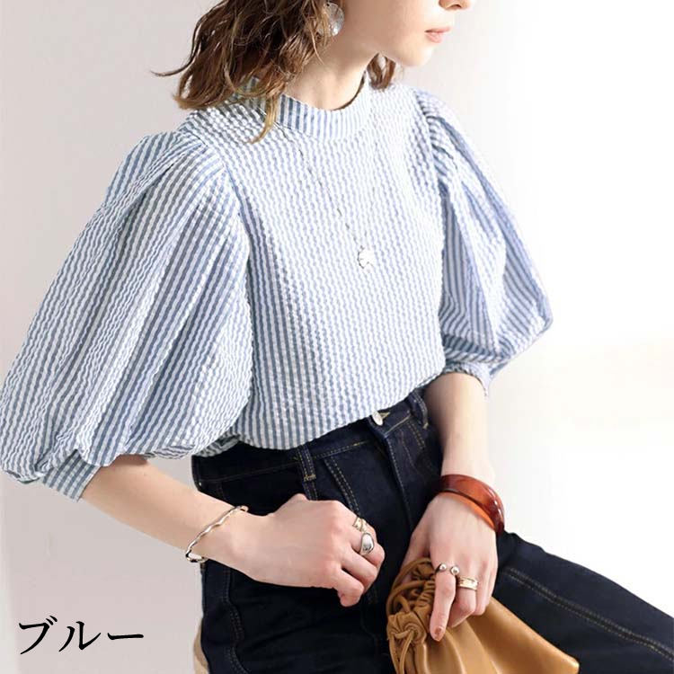楽天市場】ストライプ シャツ ブラウス パフスリーブ 五分袖・七分袖