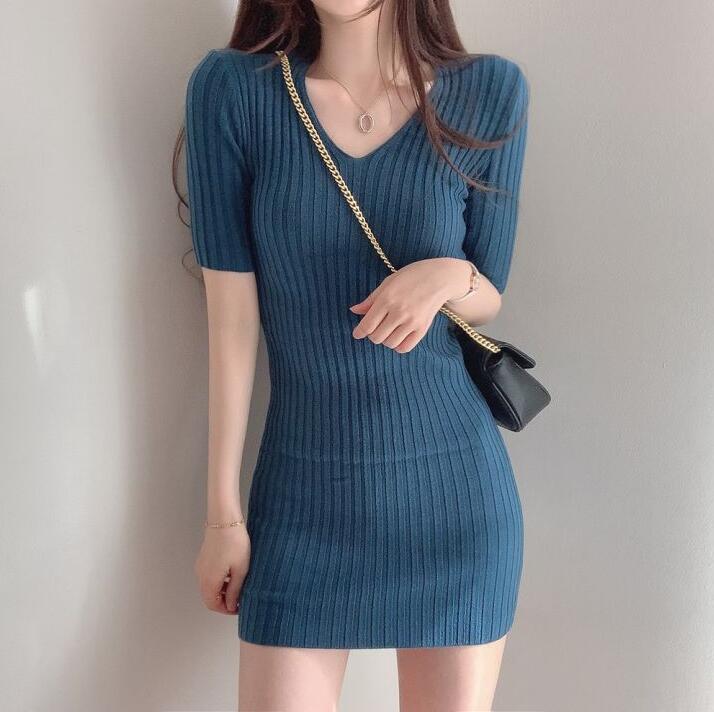 楽天市場】サマーニット リブニットワンピース 半袖タイトワンピース v