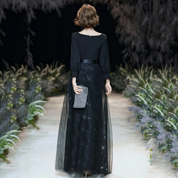 楽天市場】キラキラ ロングドレス 黒 ドレス 袖付き Vネック 大人