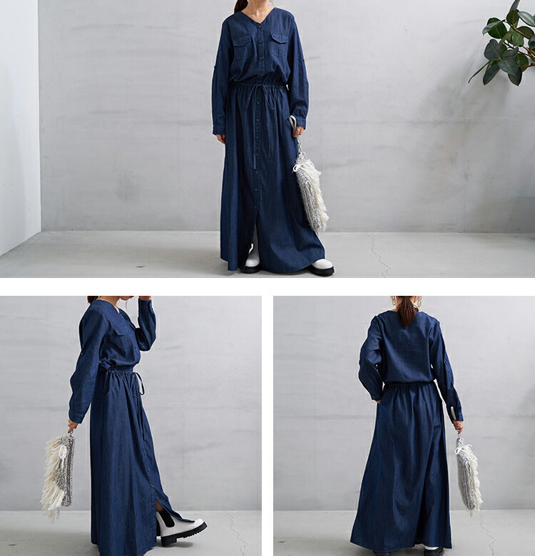 楽天市場】ノーカラーデニムワンピース レディース ドロップショルダー