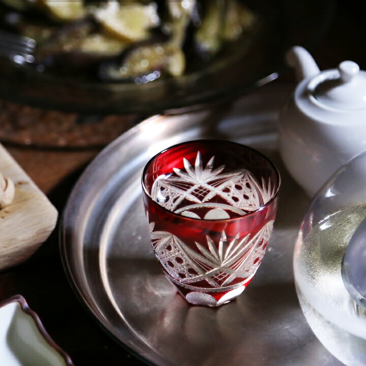 楽天市場】田島硝子 江戸切子 八角籠目菊底 ぐい呑み 赤 盃 猪口 切子