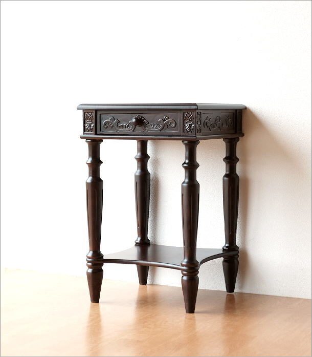 楽天市場】アンティーク風サイドテーブル 花台 電話台 木製 引き出し