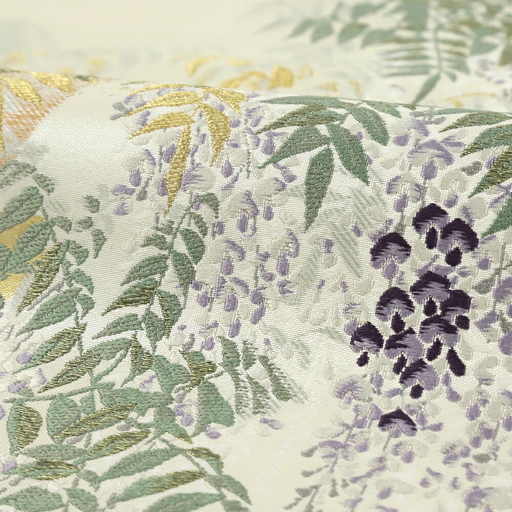 楽天市場】袋帯 正絹 浅山織物 真珠箔 白地 生成 藤の花 西陣織 唐織