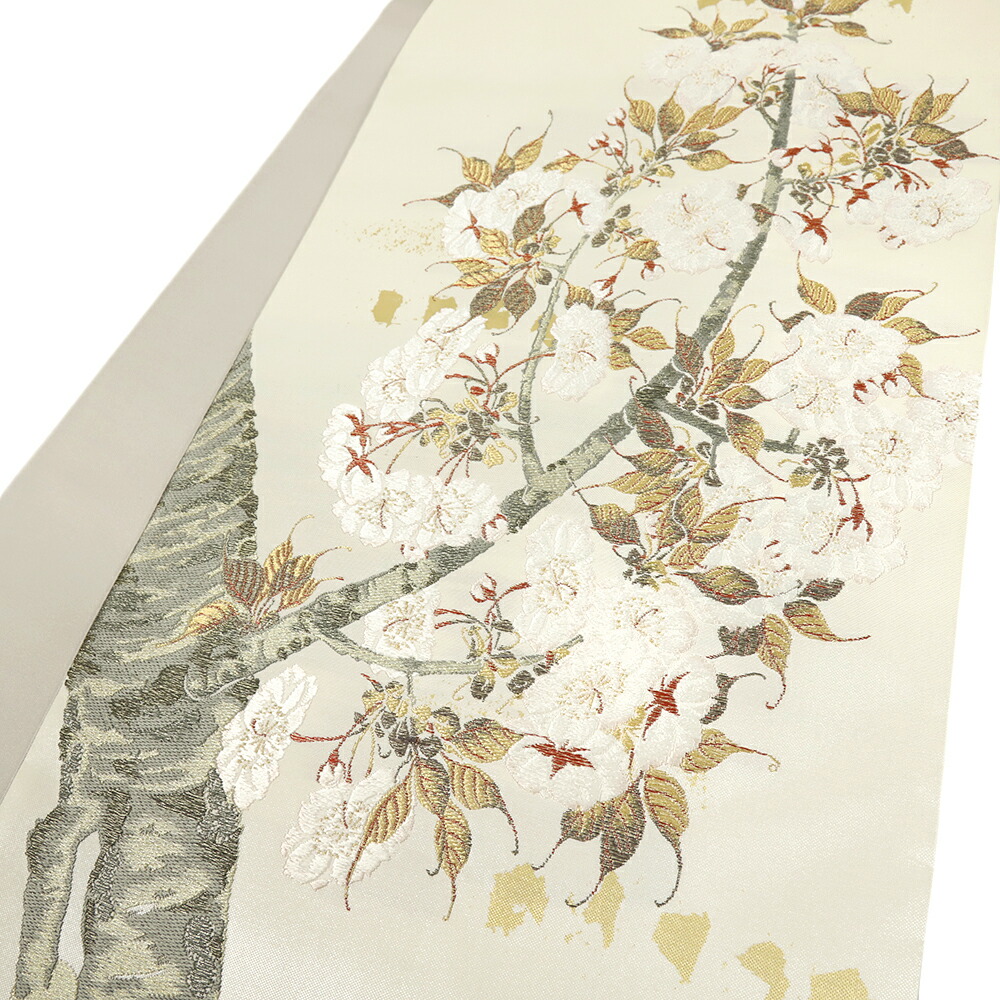 楽天市場】袋帯 正絹 浅山織物 真珠箔 白地 生成 桜 桜の木 西陣織