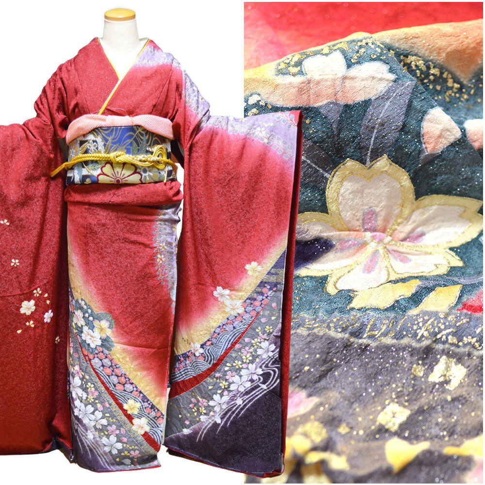 楽天市場】手描き 辻が花 京友禅 正絹 振袖 30点 セット エンジ 成人式