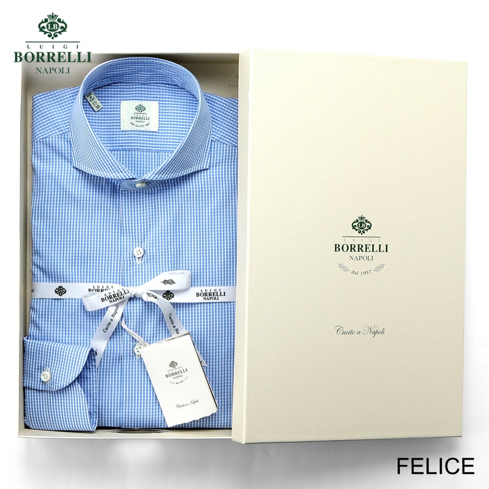 【美品】 LUIGI BORRELLI デニム ドレスシャツ サイズ17-43 コットンポプリン無地セミワイドカラーシャツ／LUCIANO（PS44140