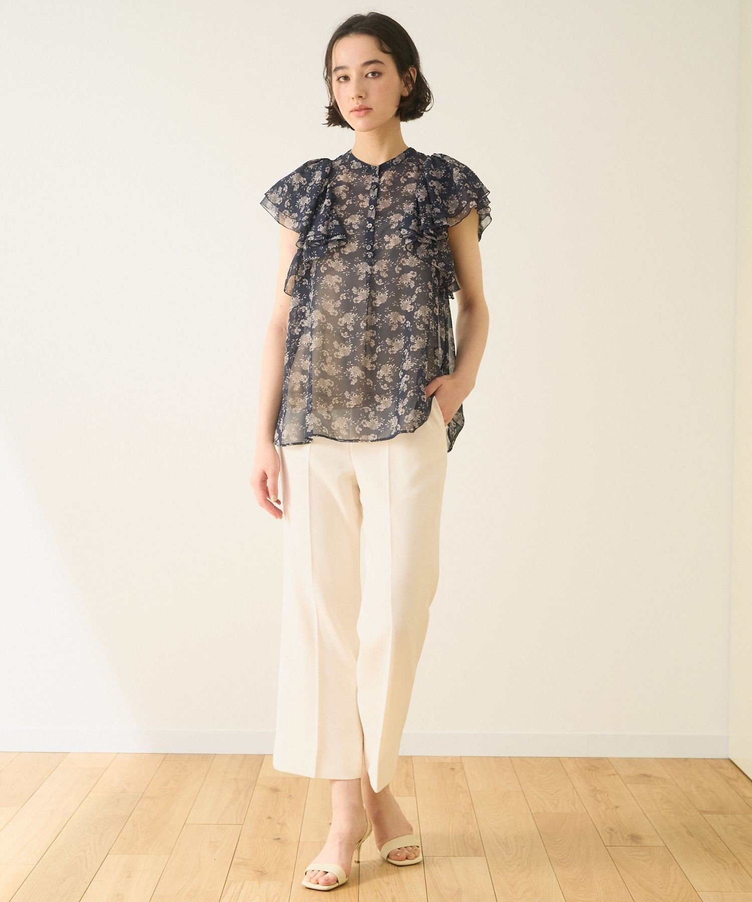 ANAYI ラインフラワープリントラッフル袖セットアップ