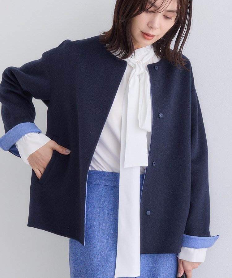 INDIVI｜【配色デザイン/ショート丈】ウールリバー ノーカラーコート