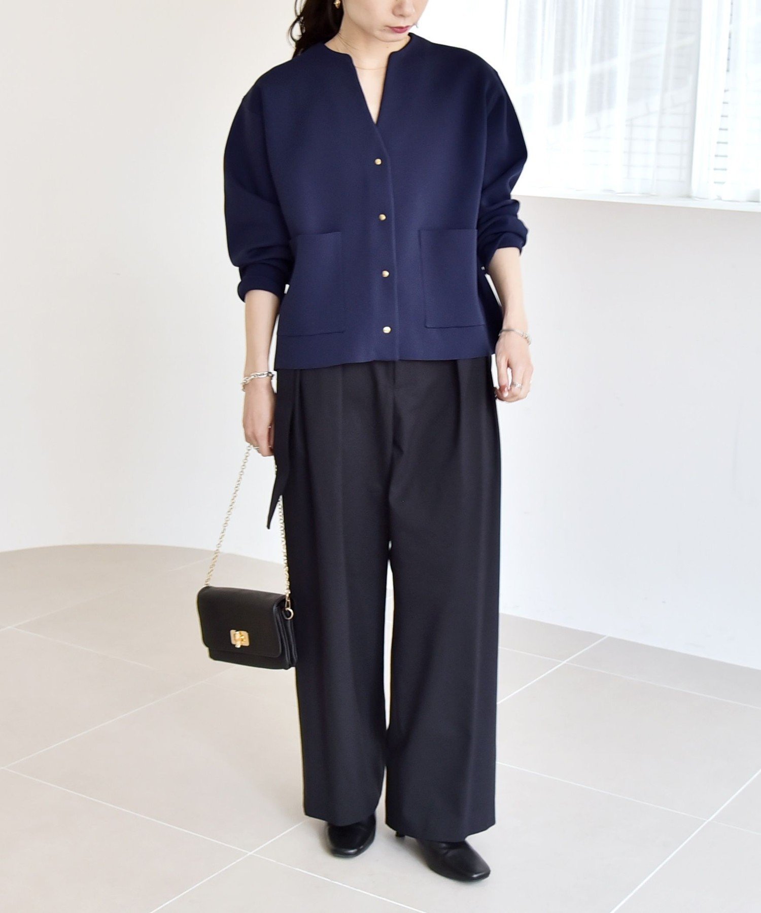 quaranciel ノーカラーポケットニットジャケット　ブラック　手洗い可能 quaranciel:〈手洗い可能〉ノーカラー ポケット ニット ジャケット