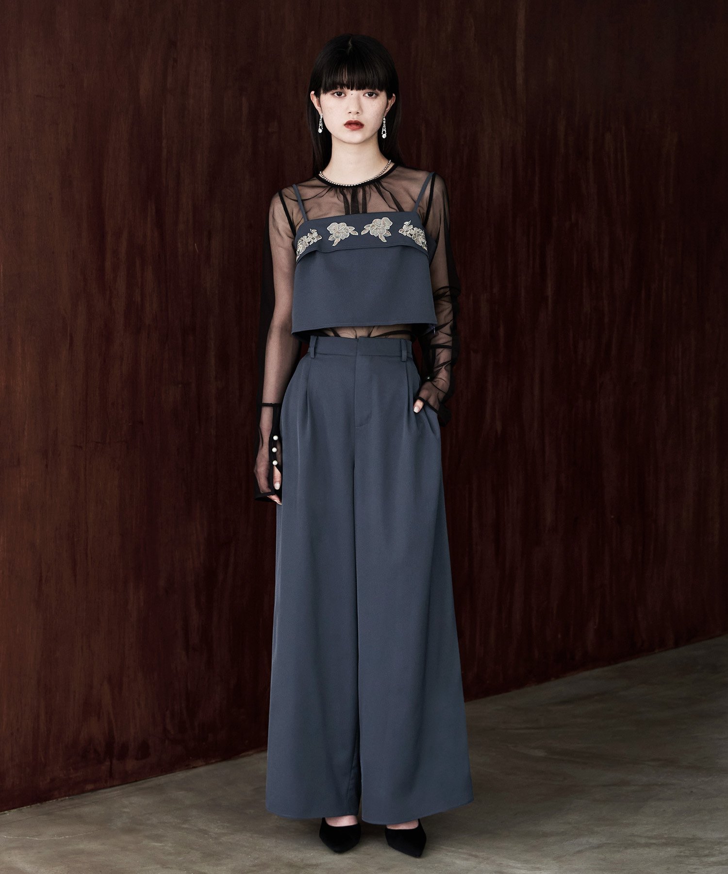 bflat｜3piece刺繍リボンビスチェ&タックワイドパンツセットアップ