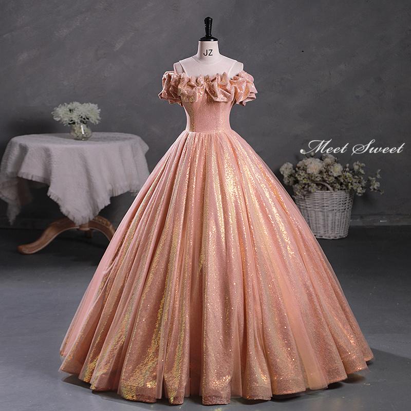 楽天市場】カラードレス 編み上げ スパンコール ピンク ロングドレス