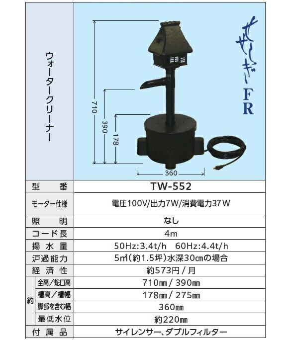 楽天市場】タカラ工業 ウォータークリーナー せせらぎFR 池ポンプ 循環