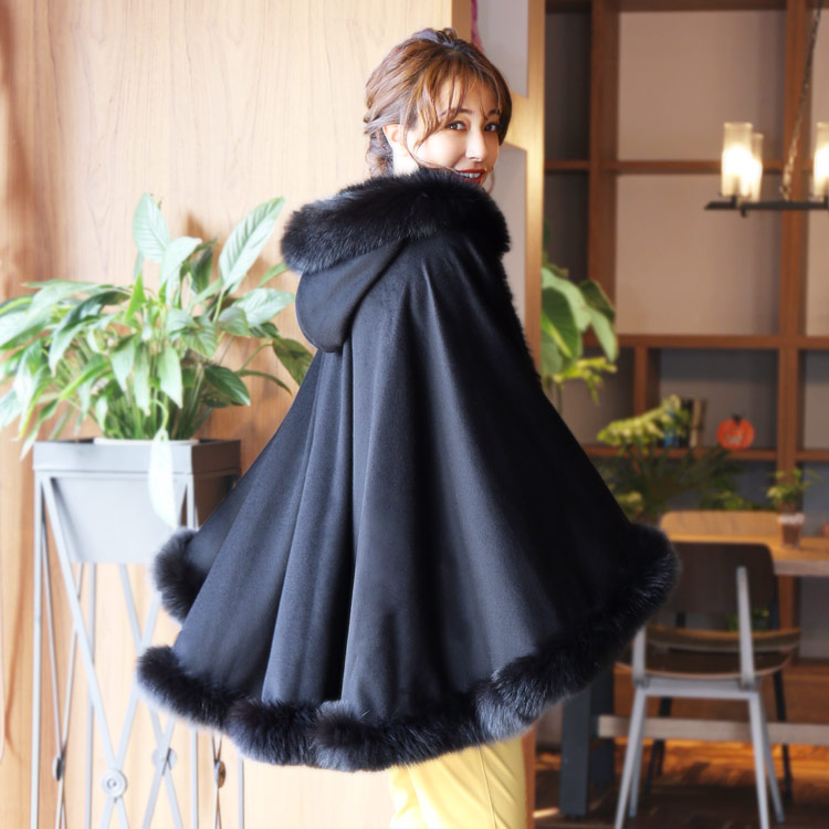 楽天市場】カシミヤ ケープ SAGA フォックス ファー トリミング フード