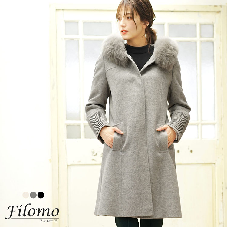 楽天市場】カシミヤ ブレンド ロング コート フォックス ファー