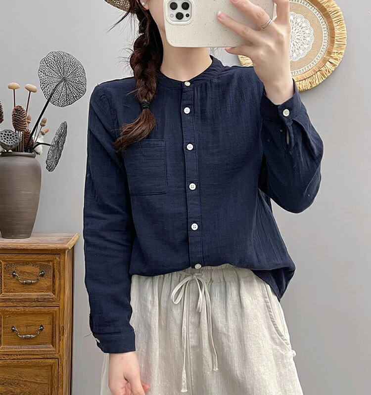 楽天市場】バンドカラーシャツ レディース ノーカラーシャツ ダブル