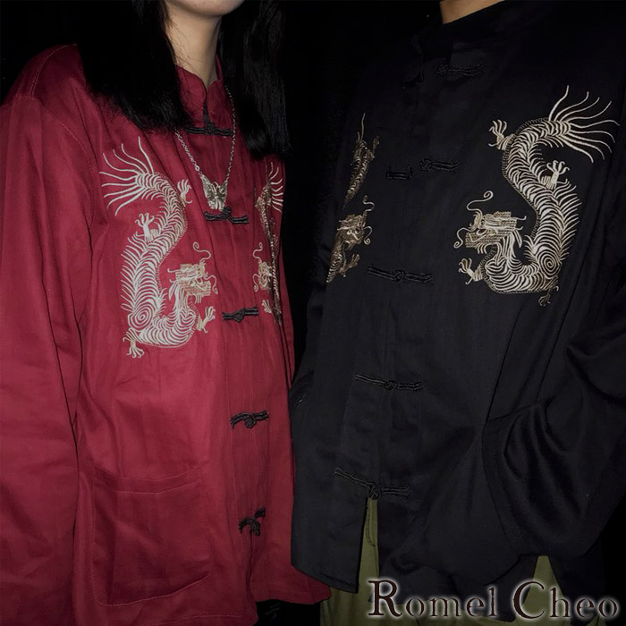 楽天市場】RomelCheo 金龍刺繍 チャイナシャツ 長袖 カンフーシャツ