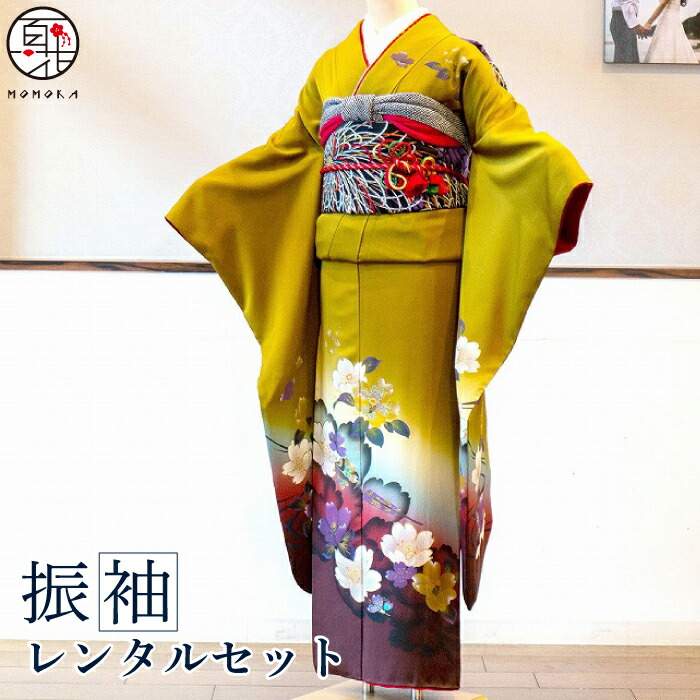 楽天市場】【振袖 レンタル】[ワサビ色 花柄] 振袖フルセットレンタル