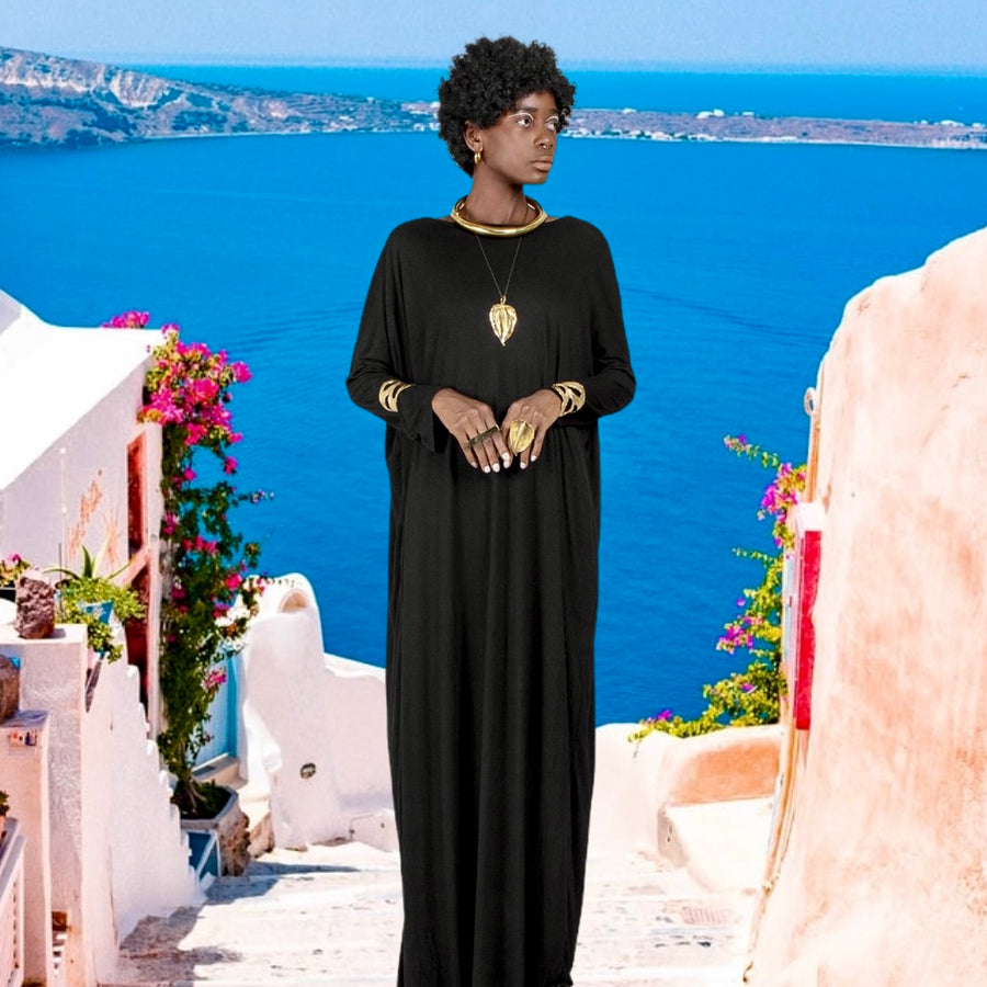 Kara Kaftan Long Sleeve Black Organic Bamboo – Traveling Black Dress