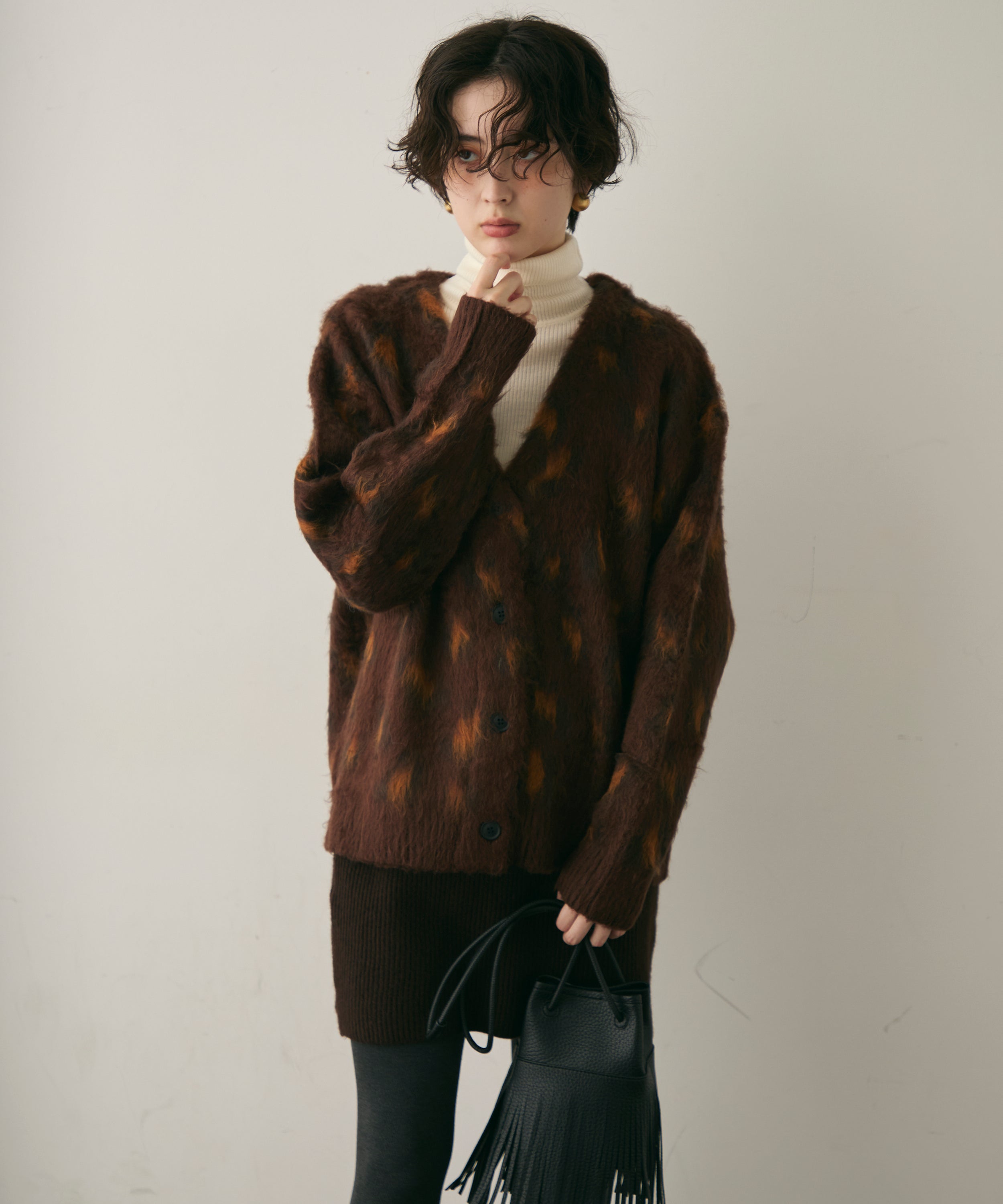 モヘアタッチレオパード柄Vネックカーディガン | Trish