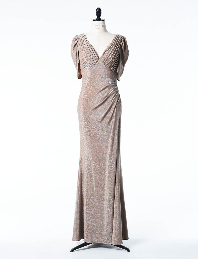 袖付き ラメニット モカブラウン ロングドレス JEAN MACLEAN・41532