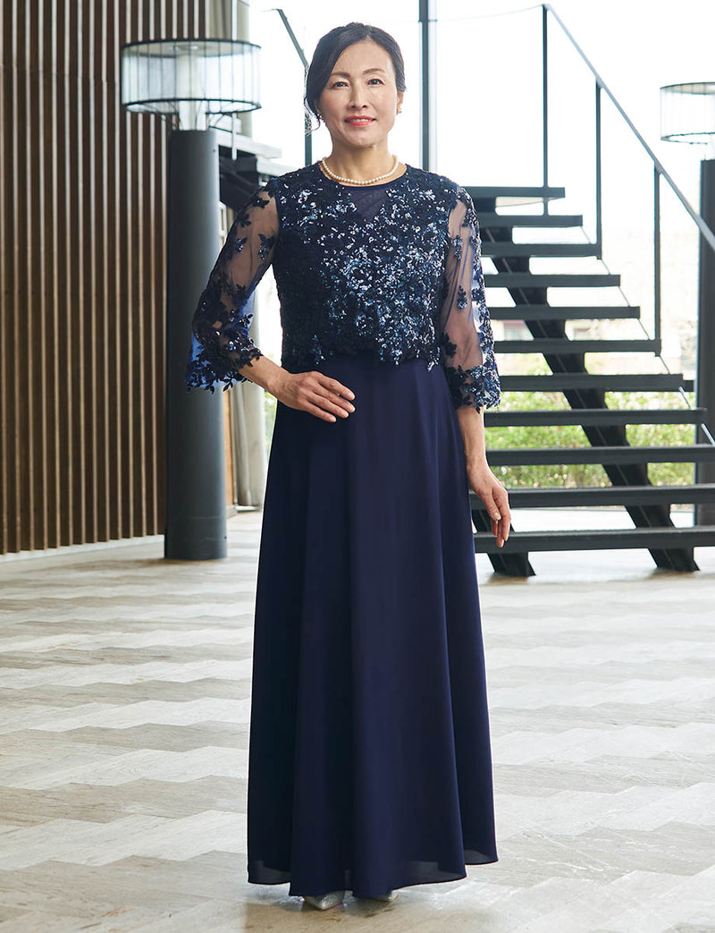 結婚式 母親ドレス ダークネイビースパンコールレース・マザーズドレス