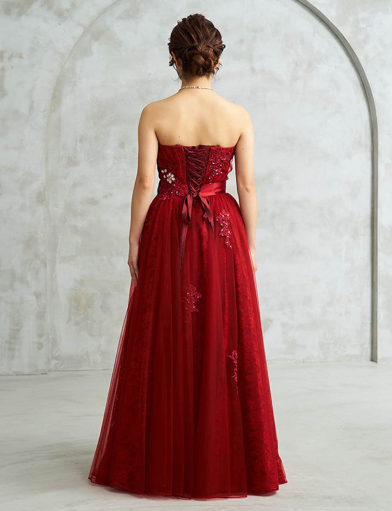 赤 ロングドレス ベアトップ ビジュ刺繍 チュール 肩紐付き 発表会