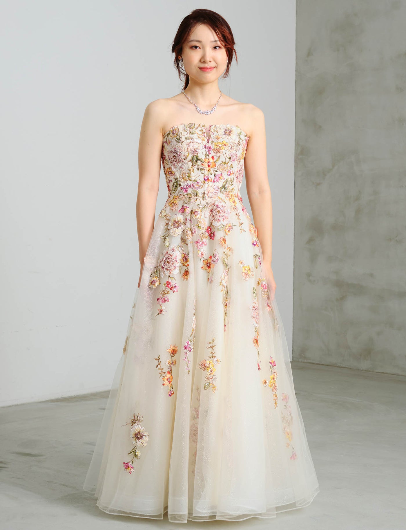 演奏会ドレス リサイタル アイボリー・花柄モチーフ×ビーズ装飾 A