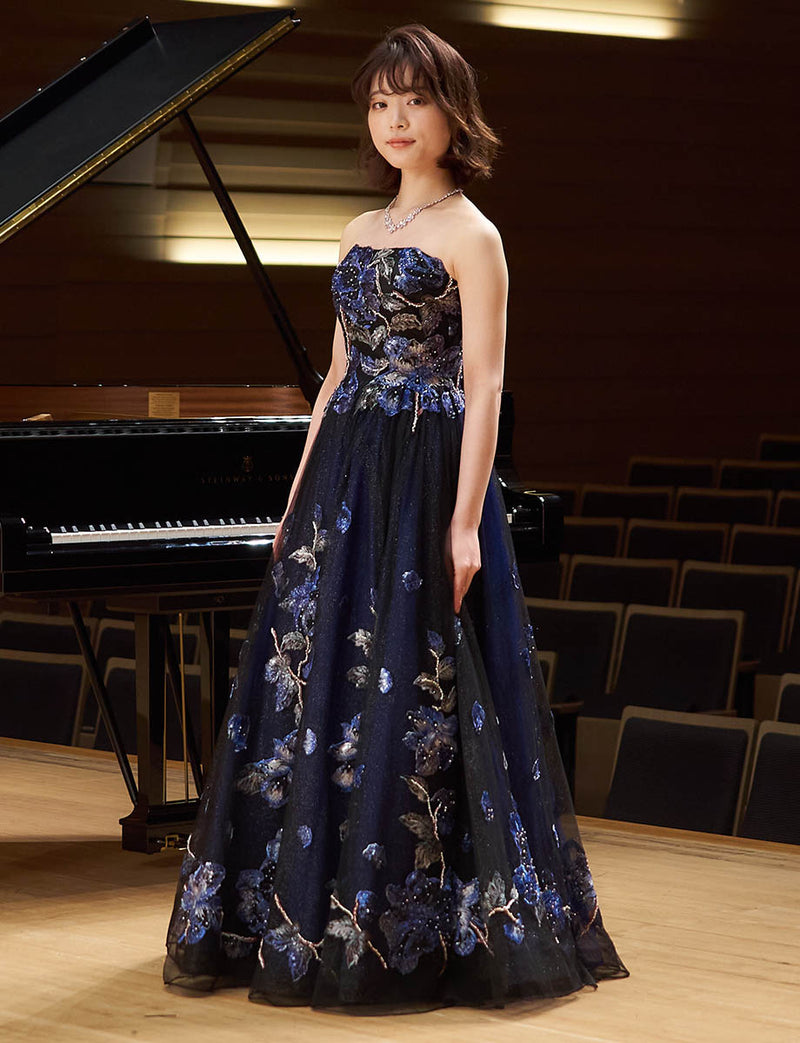 ブラック×ブルー フローラルレース ロングドレス ベアトップ 発表会