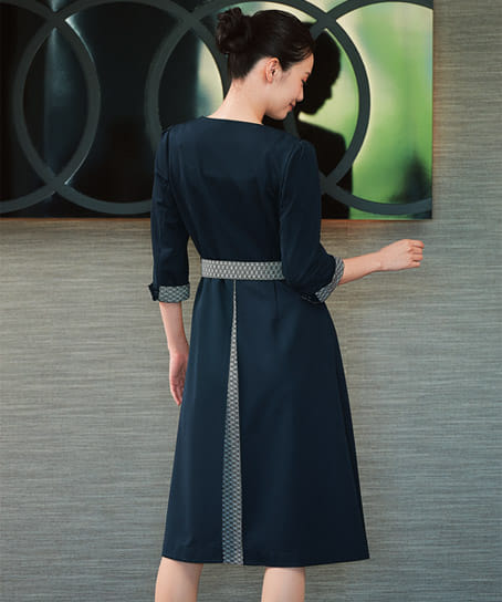 和モダンワンピース（麻の葉柄・ストレッチ・消臭・七分袖） 7742-1