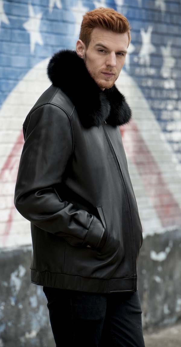 Black Cabretta Lamb Leather 28” Man's Zip Bomber, Detachable Fox