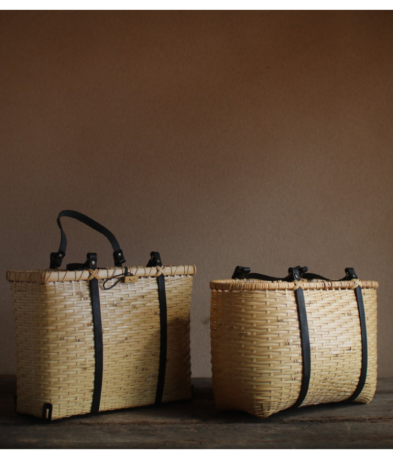 Bamboo Basket Tote with Black leather handles. Handcrafted in Oita